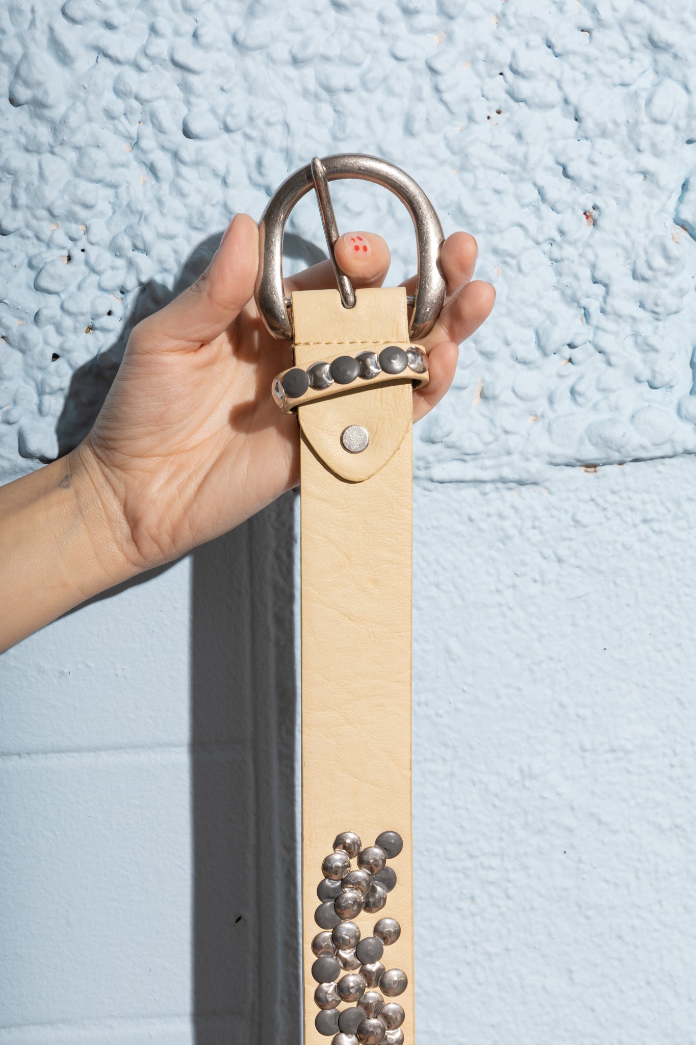 Beige Leather Hammer-Studded Belt