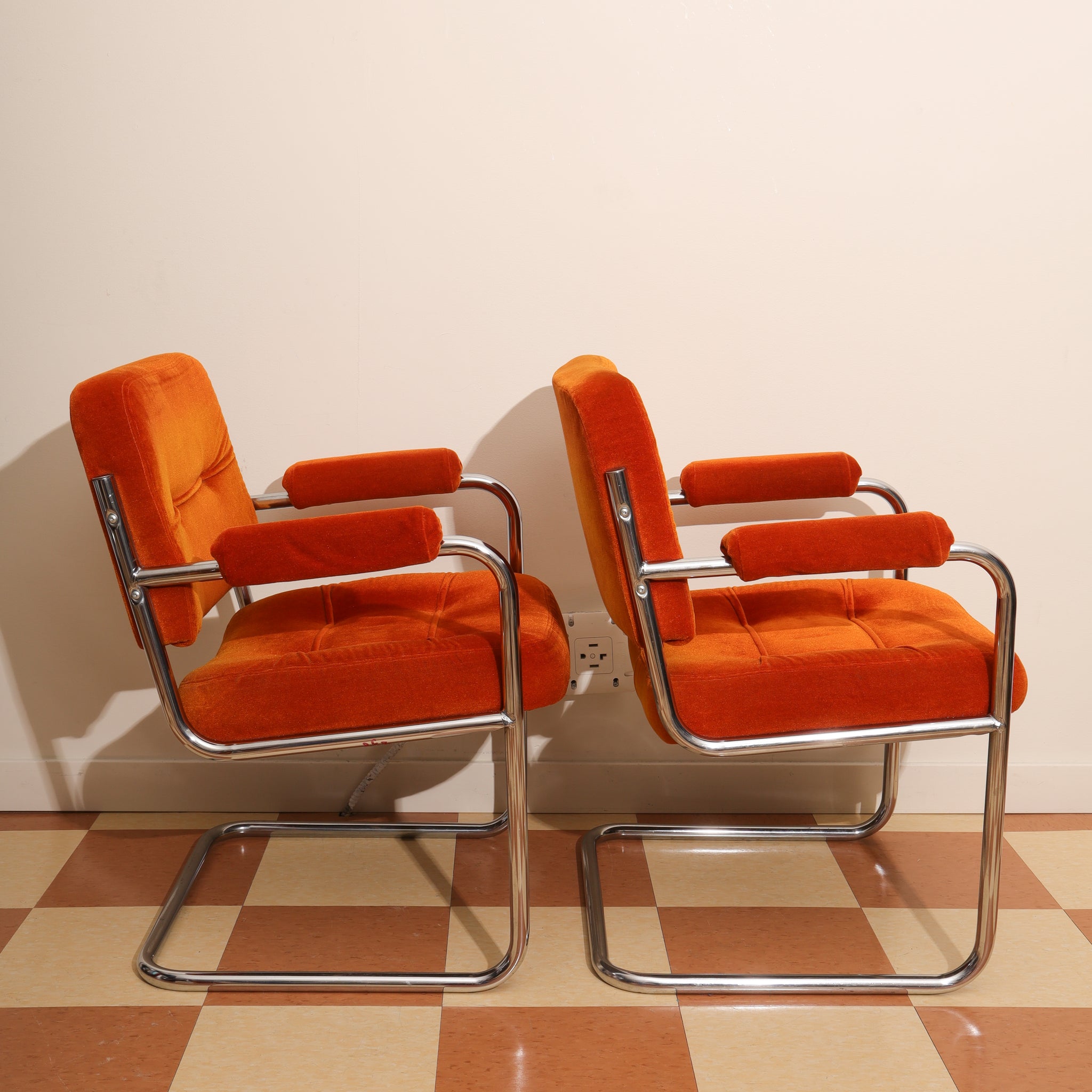Plush Orange Cantilever Chairs - 1970s - Sold Separately