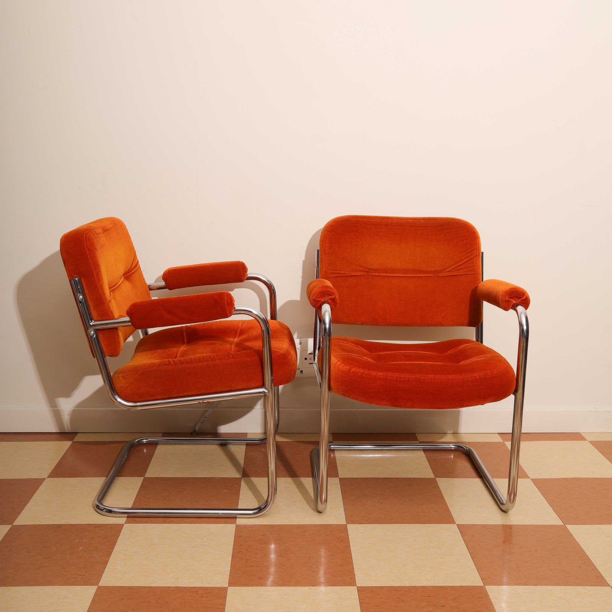 Plush Orange Cantilever Chairs - 1970s - Sold Separately