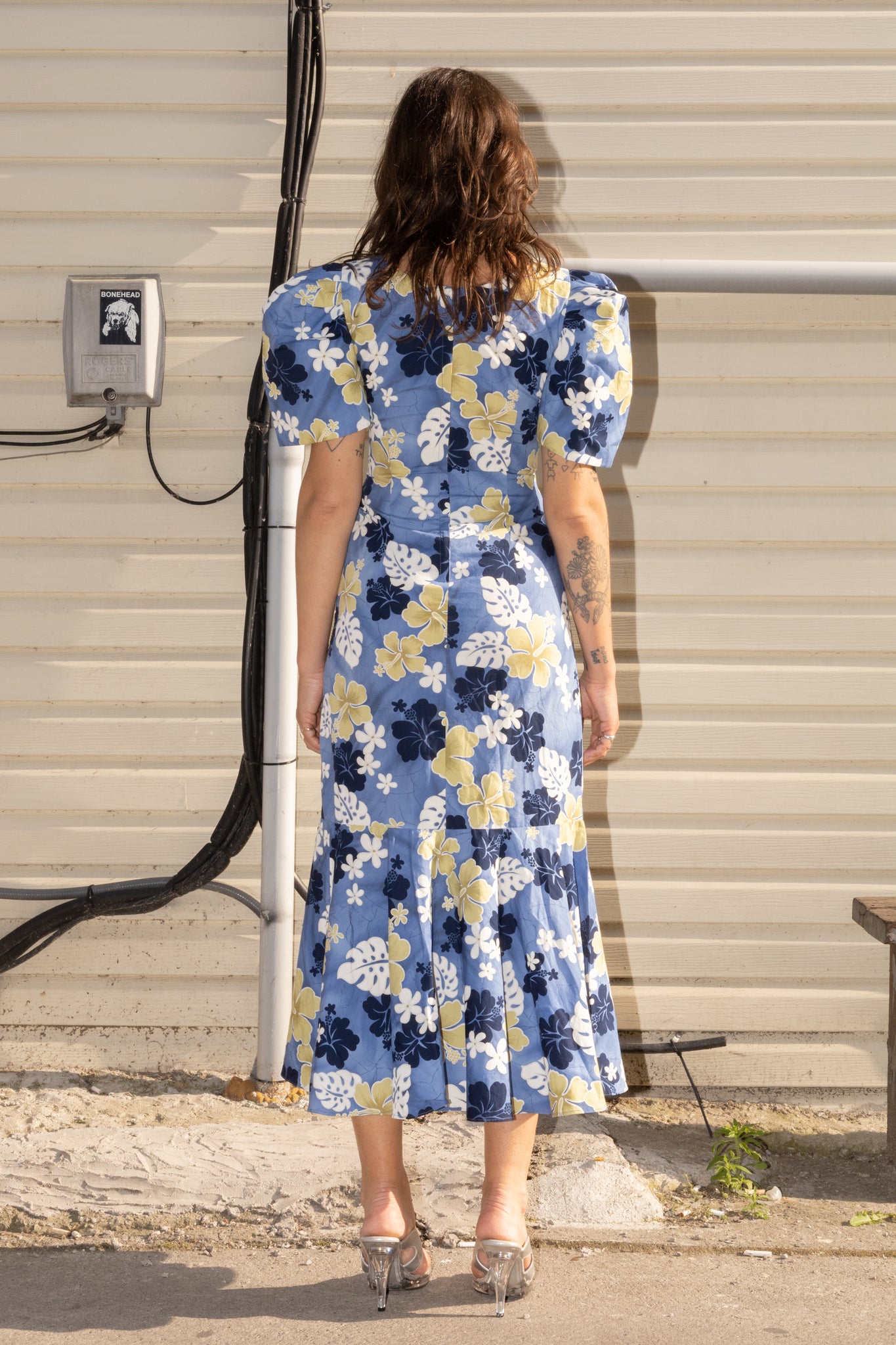 Hibiscus Print Puff-Sleeve Dress (XS-S)