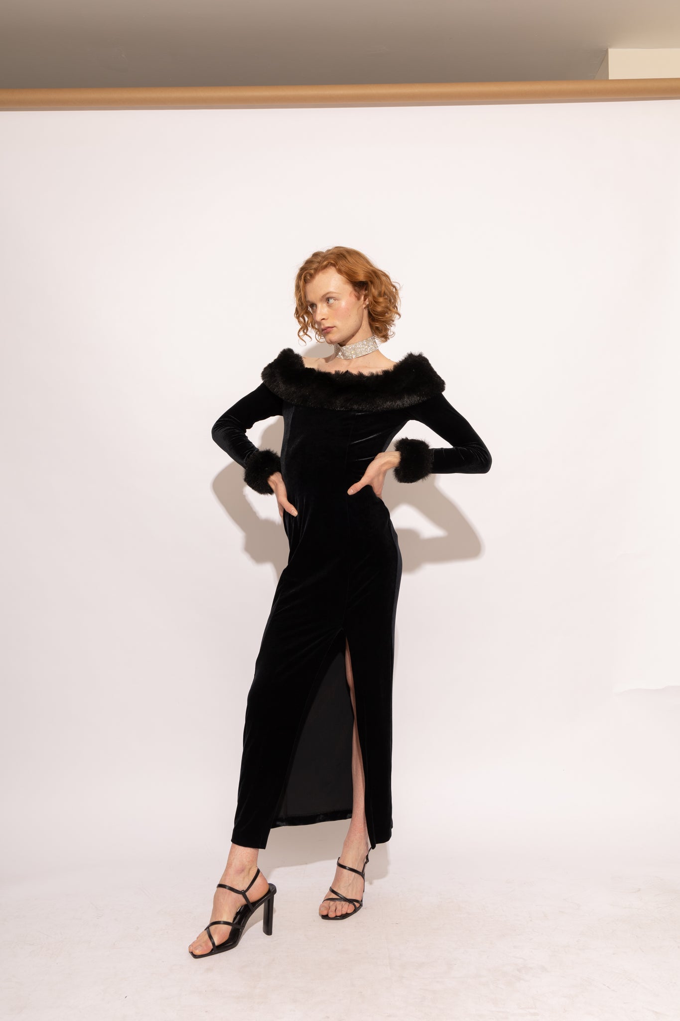 Stretch Velvet and Fur Trimmed Black Dress (S)
