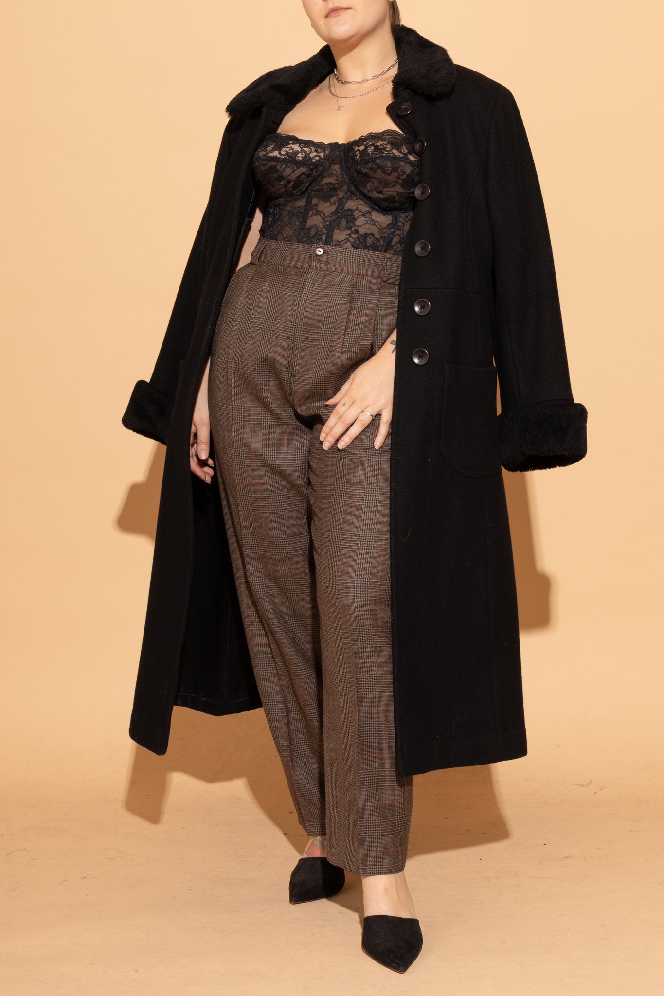 Black Wool & Faux Fur Longline Coat (L)