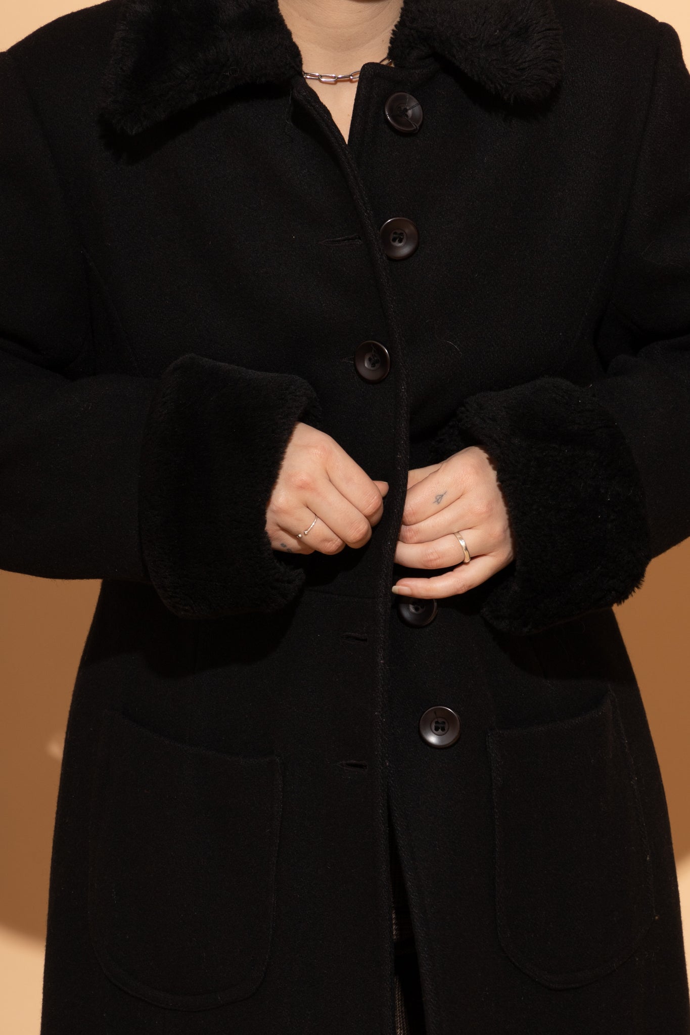 Black Wool & Faux Fur Longline Coat (L)