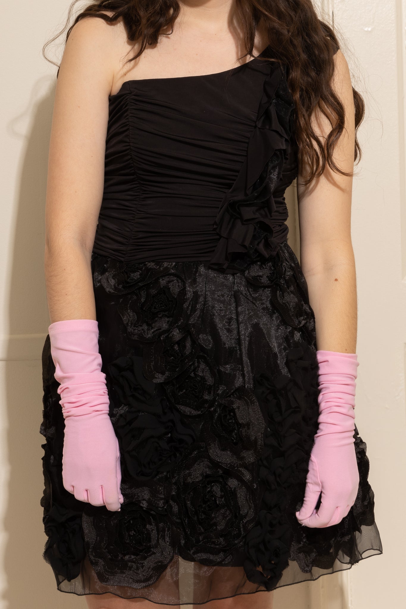 One Strap Black Organza Rose Dress - Made in Canada (M)